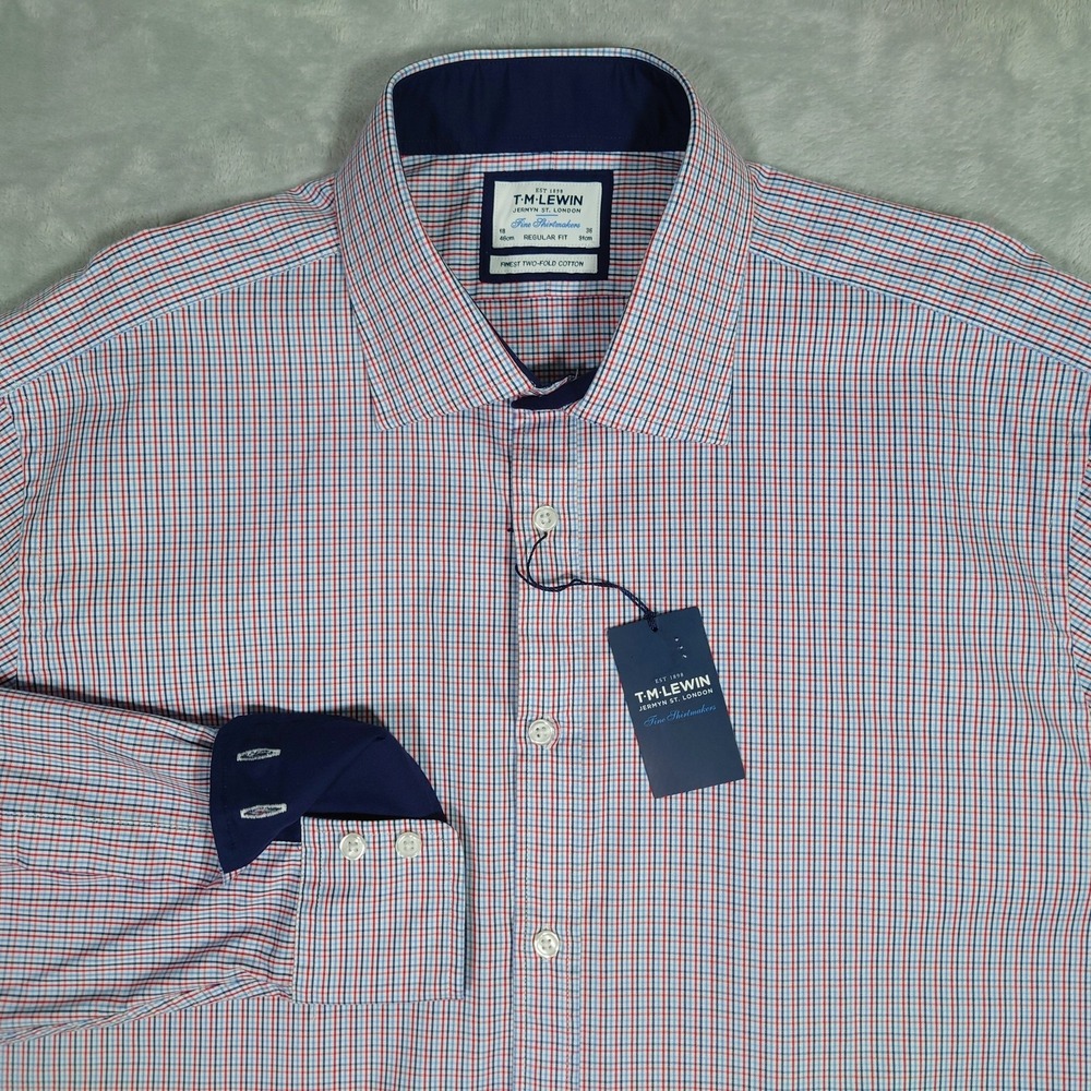 T.M.Lewin Two-Fold Cotton Dress Shirt Mens 18 36 Regular Fit Easy Iron Plaid
